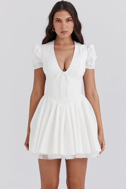 Puff White Pleated Mini Dress