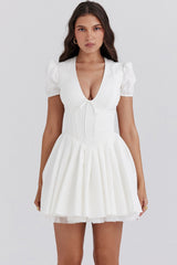 Puff White Pleated Mini Dress