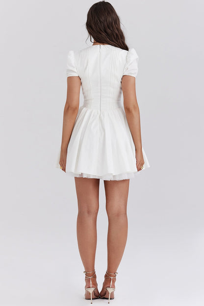 Puff White Pleated Mini Dress