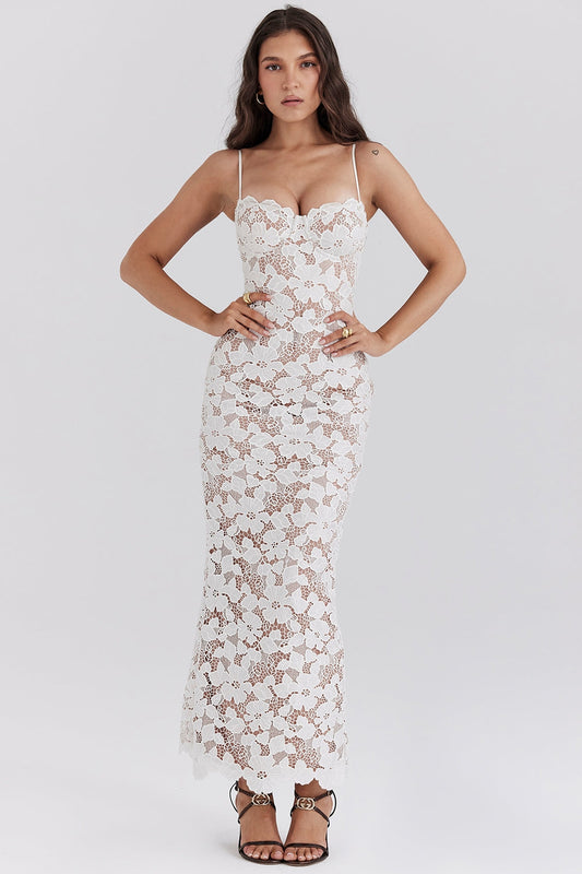 Hollow Out White Lace Sling Dress