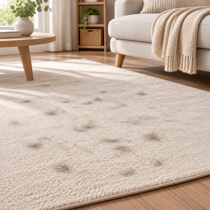 Compatible rug with visible loose pet hair before manual cleaning