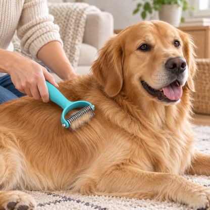 PIMOVO FurSweep deshedding tool used gently on a dog