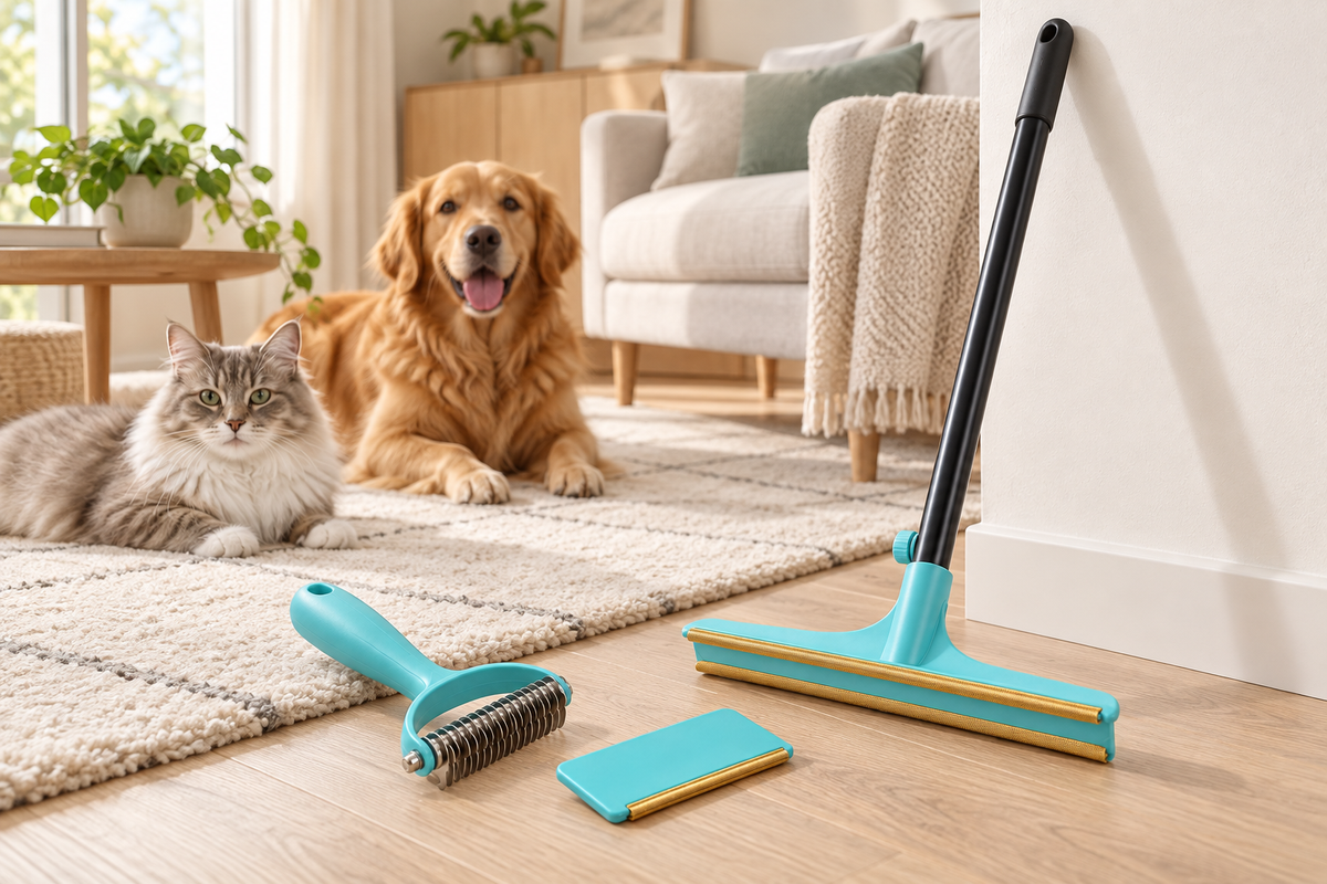 PIMOVO FurSweep long-handle pet hair remover in a modern living room