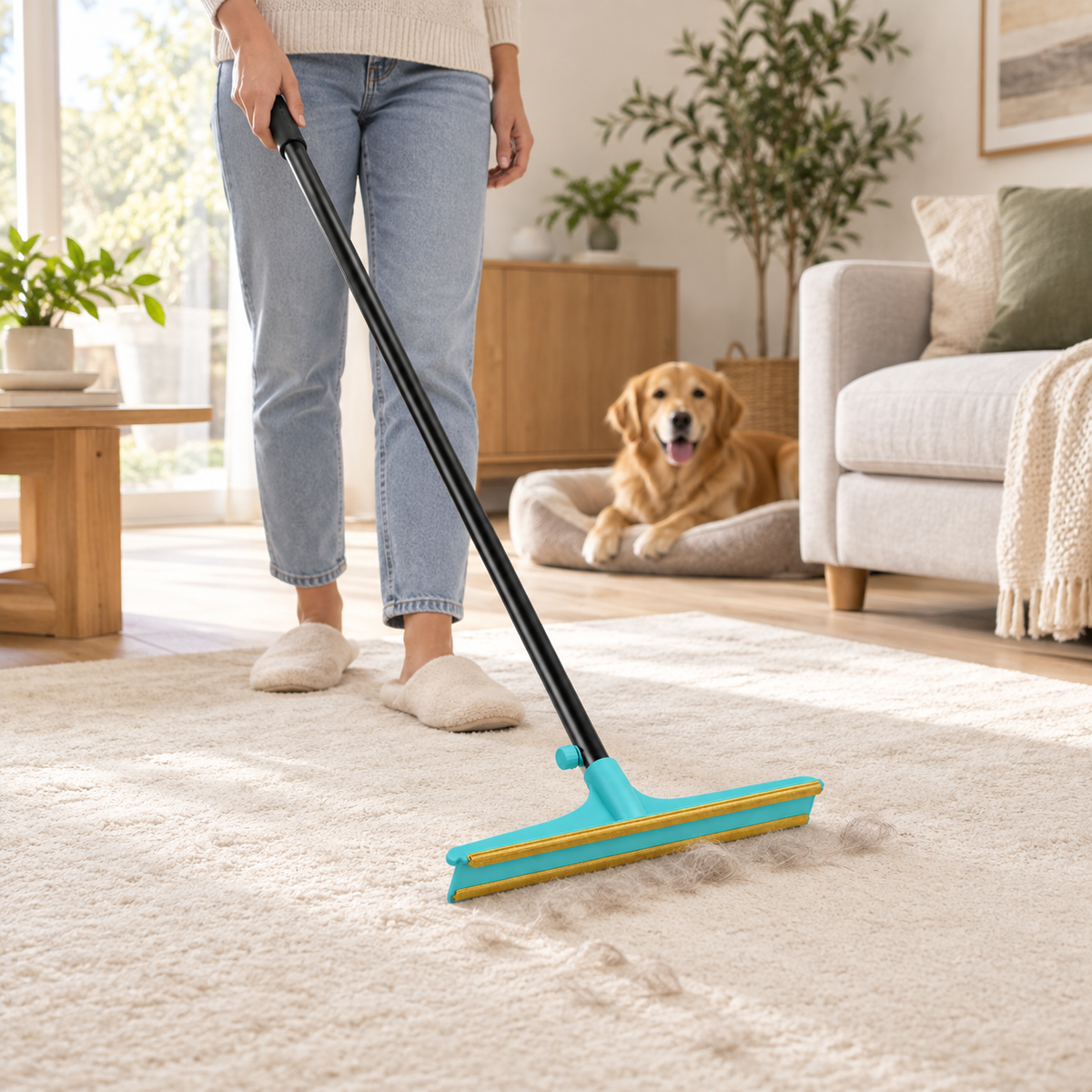 Long-handle PIMOVO FurSweep cleaner lifting pet hair from a compatible rug