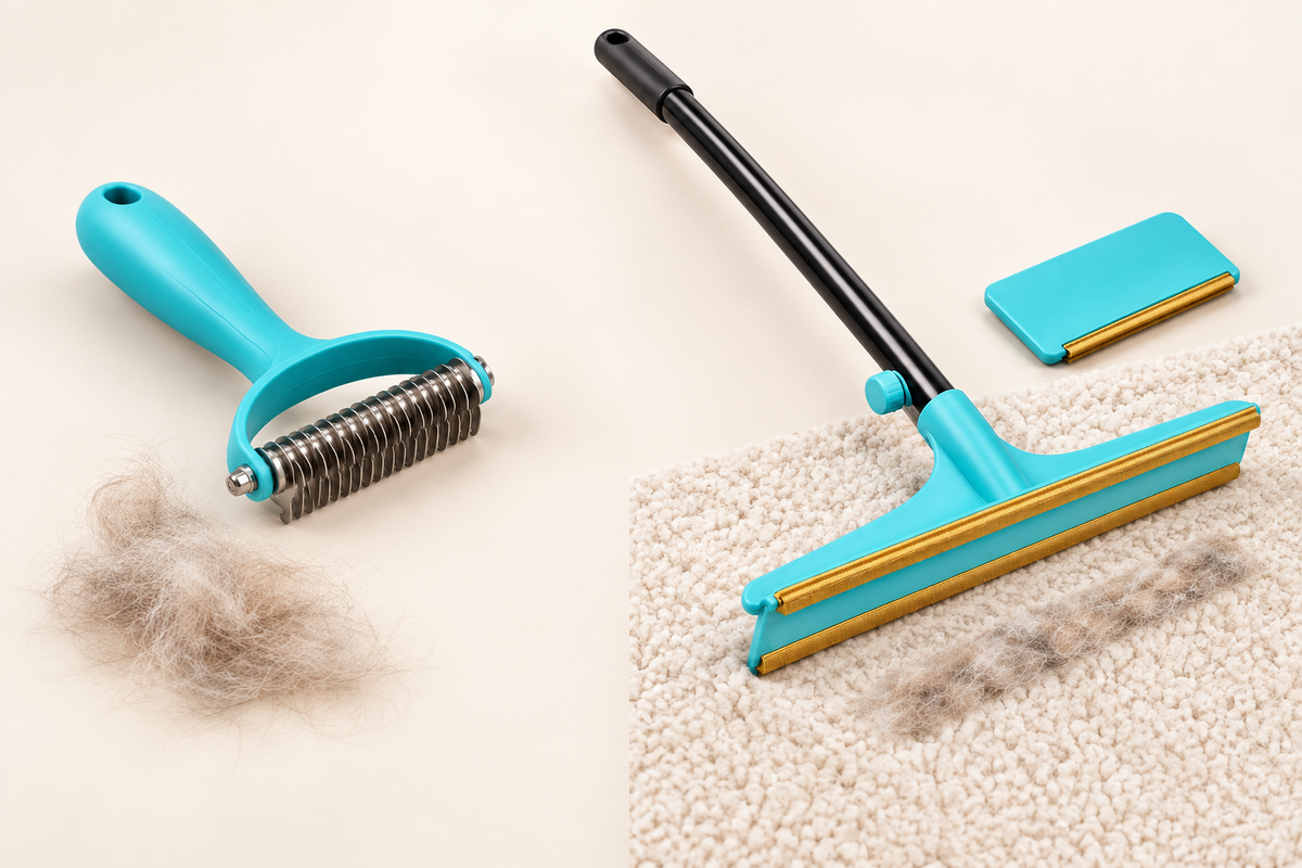 Two-step PIMOVO FurSweep routine showing pet deshedding and surface cleaning